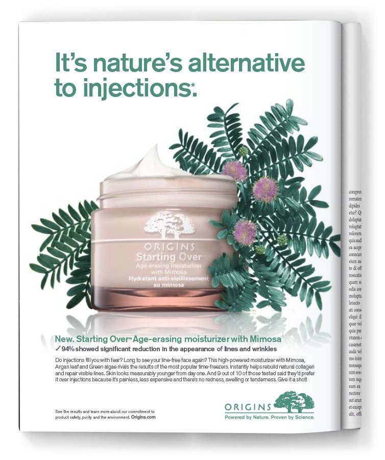 Magazine advertisement for Origins Starting Over age-erasing moisturizer with Mimosa, featuring a jar of the product surrounded by green leaves and purple flowers.