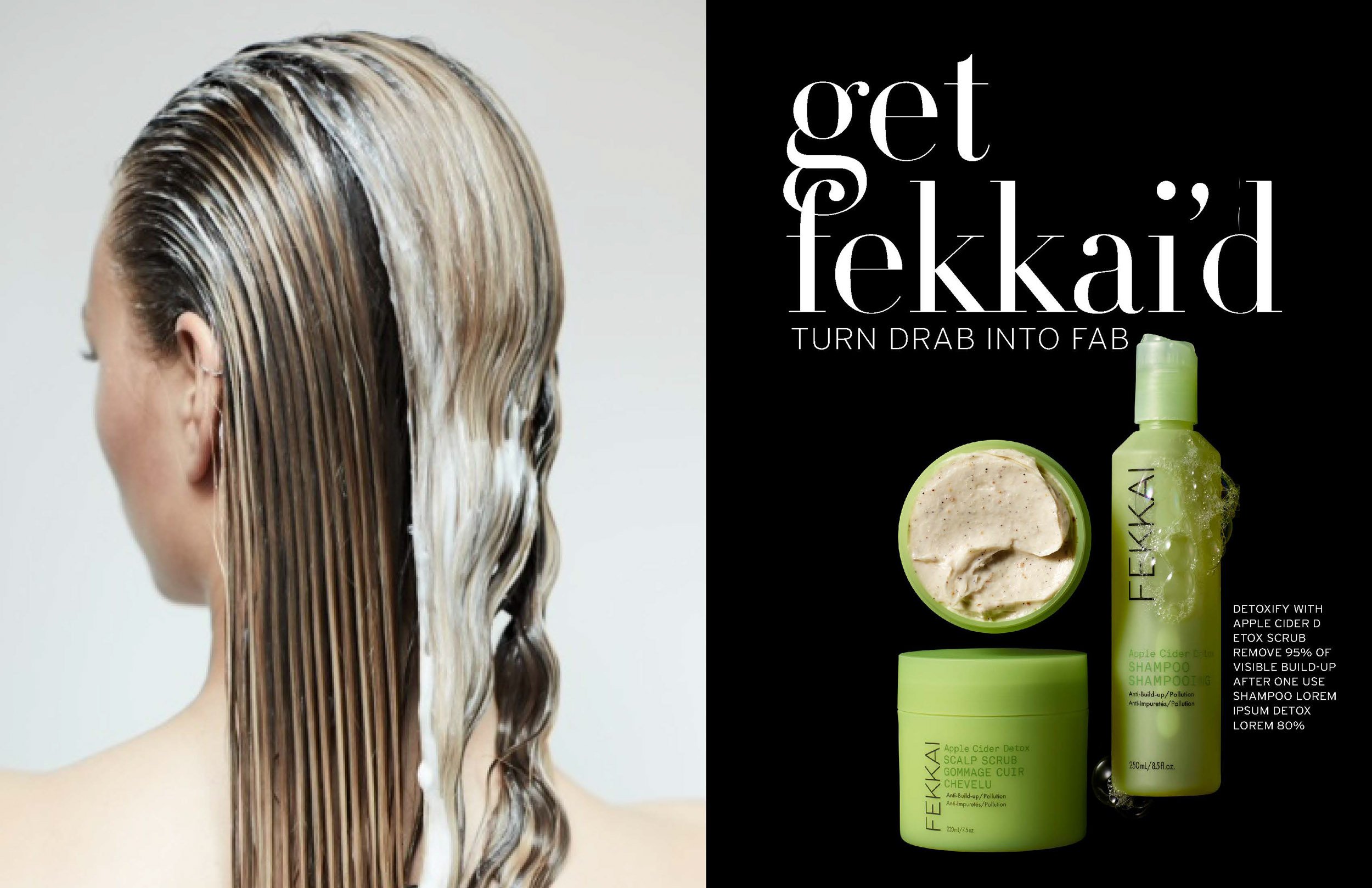 Side view of a woman with wet blonde hair being conditioned with a hair product. On the right side, promotional text and images of Fekkai Apple Cider Detox hair care products, including a scrub, shampoo, and conditioner.