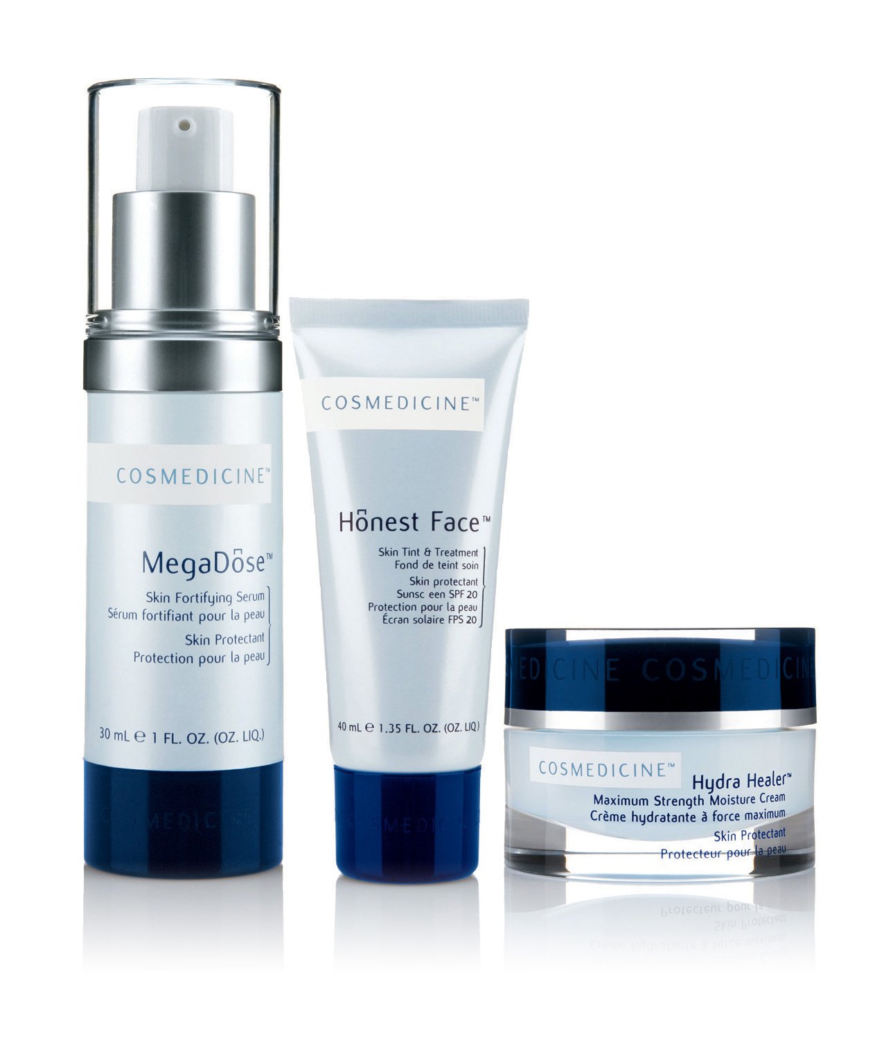 Skincare products including a skin fortifying serum, a skin tint and treatment, and a maximum strength moisturizer by Cosmedicine.