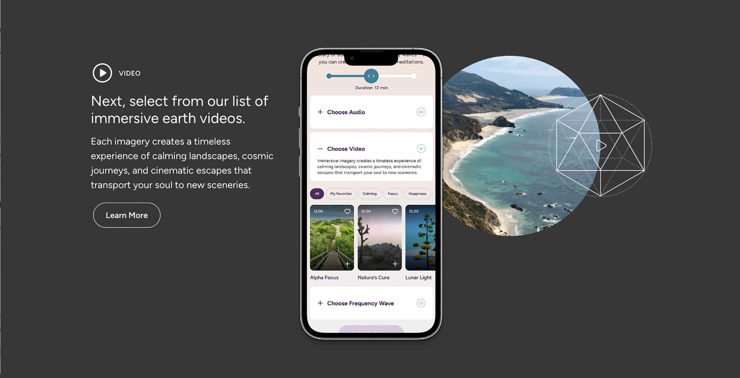 Web page screenshot showcasing an app for selecting immersive earth videos with scenic landscape images, including a coastal view, a mountain landscape, and a tree, along with options for choosing audio, video, and frequency wave.